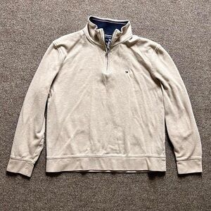 Tommy Hilfiger 1/4 Zip Mock Neck Jumper Sweater Heathered Cream Mens Size Large